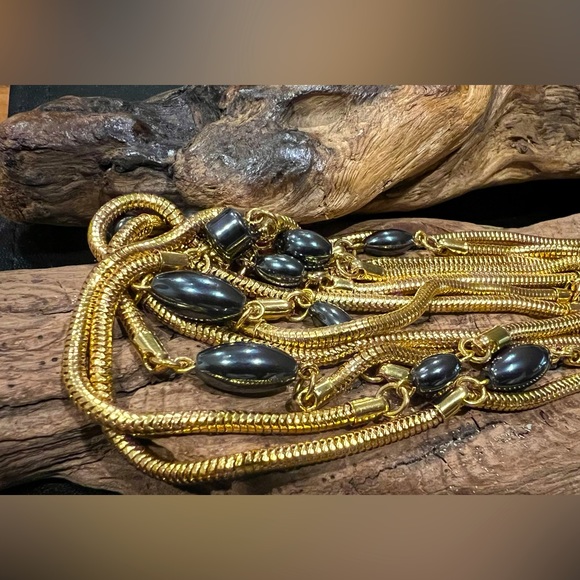 Signed MONET Necklace Gold Tone Multi Strand Statement Chain 18” Hematite - Picture 5 of 8